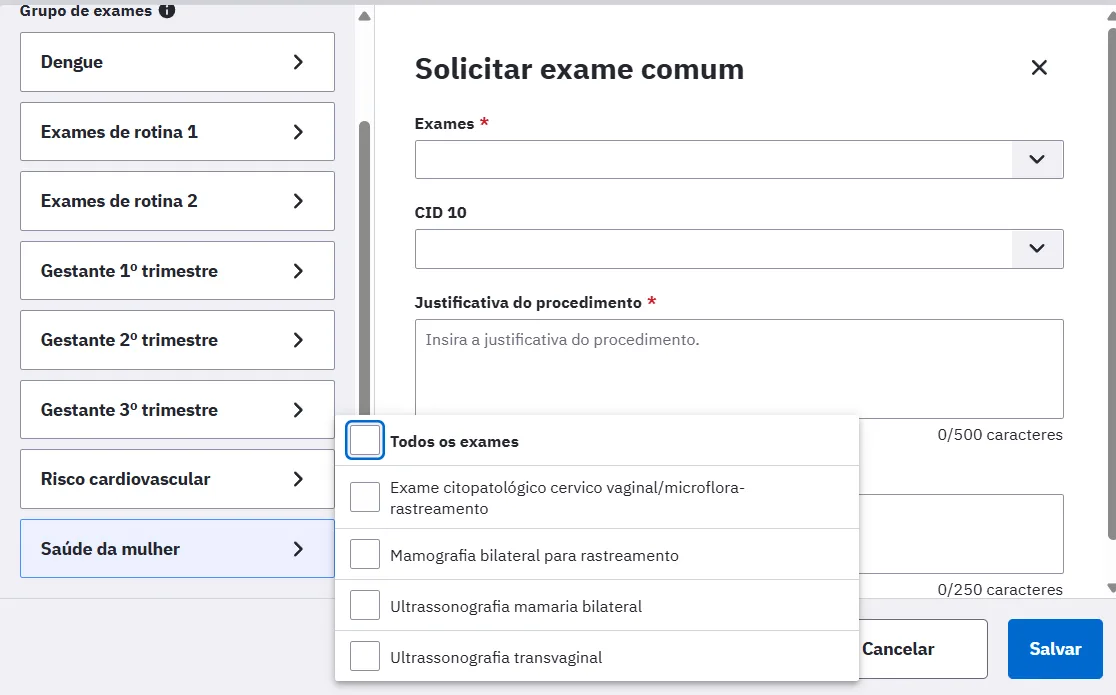 Janela “Solicitar exame comum” com o grupo “Saúde da mulher” e a lista de exames (mamografia, citopatológico, ultrassonografias).
