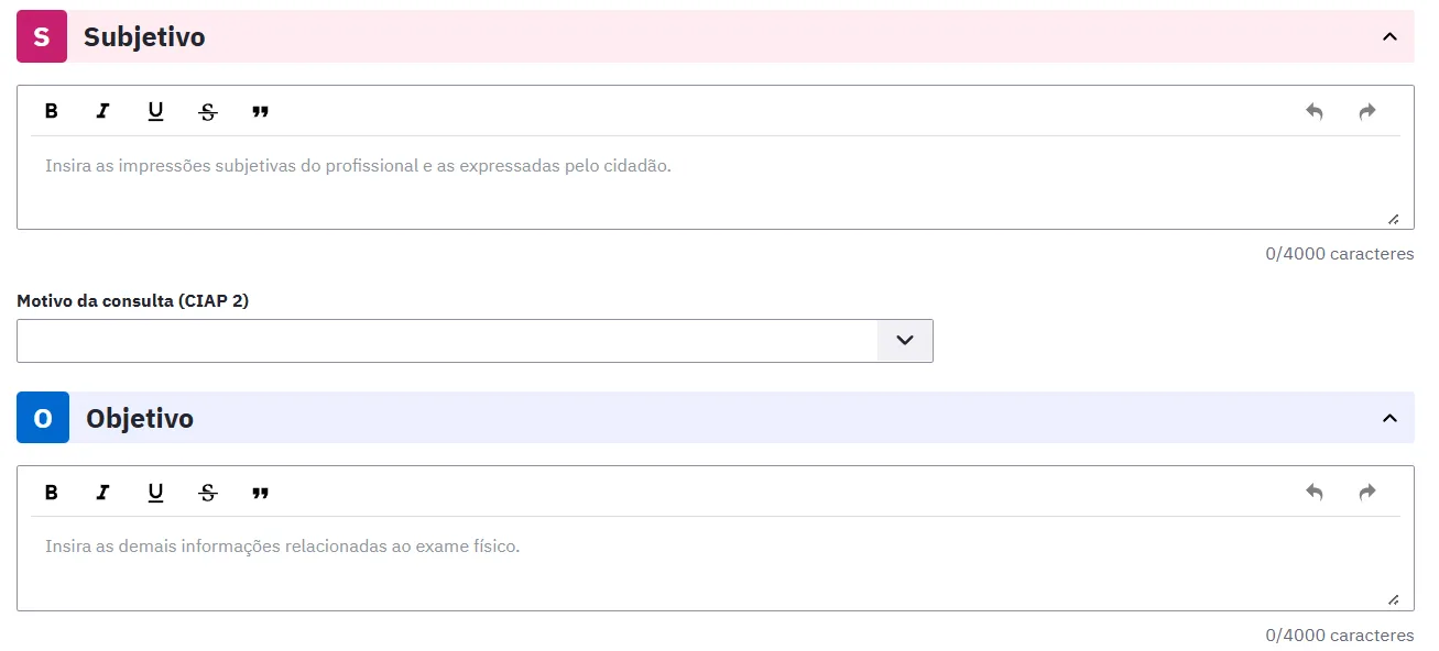 Blocos Subjetivo e Objetivo do SOAP no e-SUS PEC.