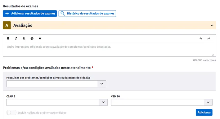 Bloco “Resultados de exames” com os botões Adicionar/Histórico e o bloco Avaliação.
