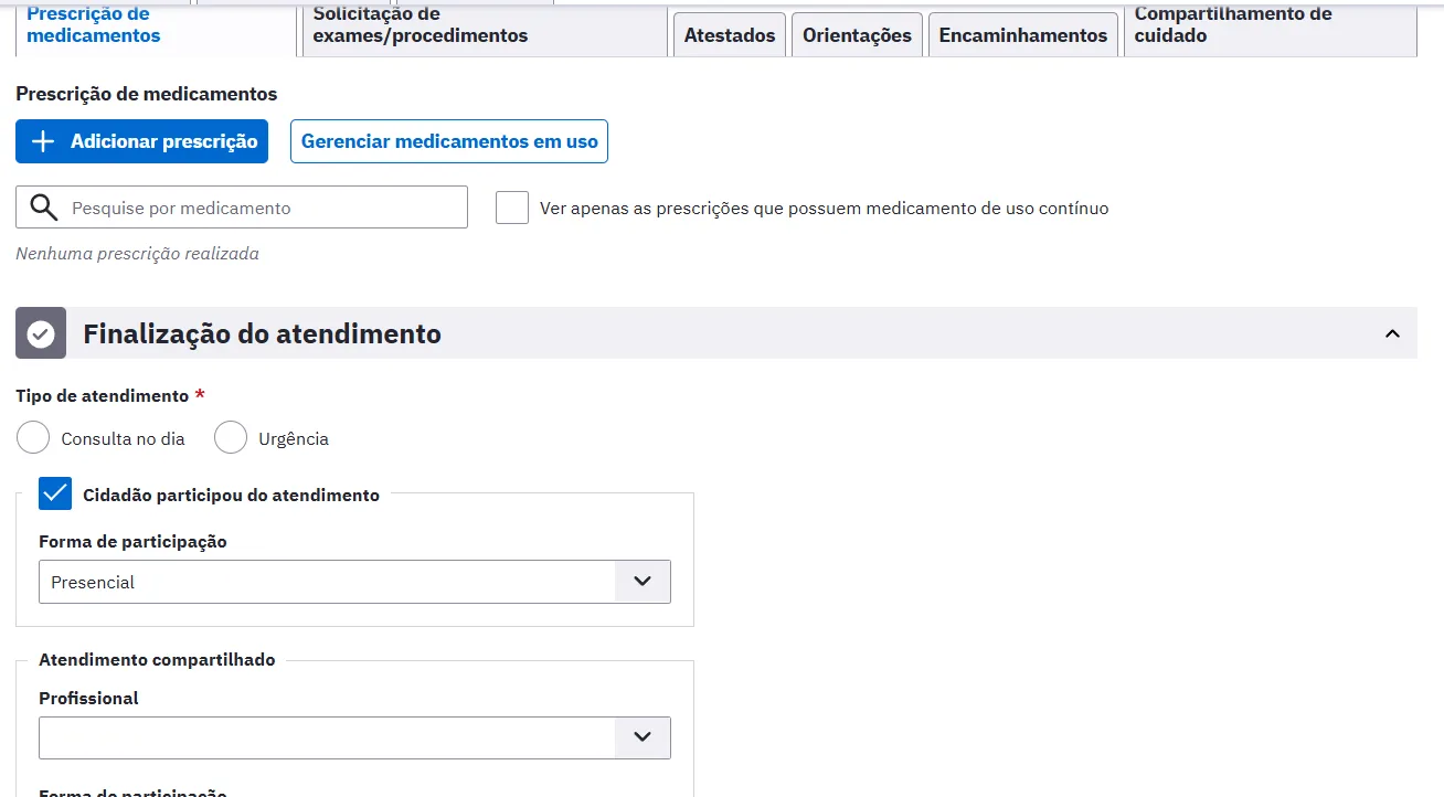 Bloco Finalização do atendimento com tipo de atendimento e participação do cidadão.