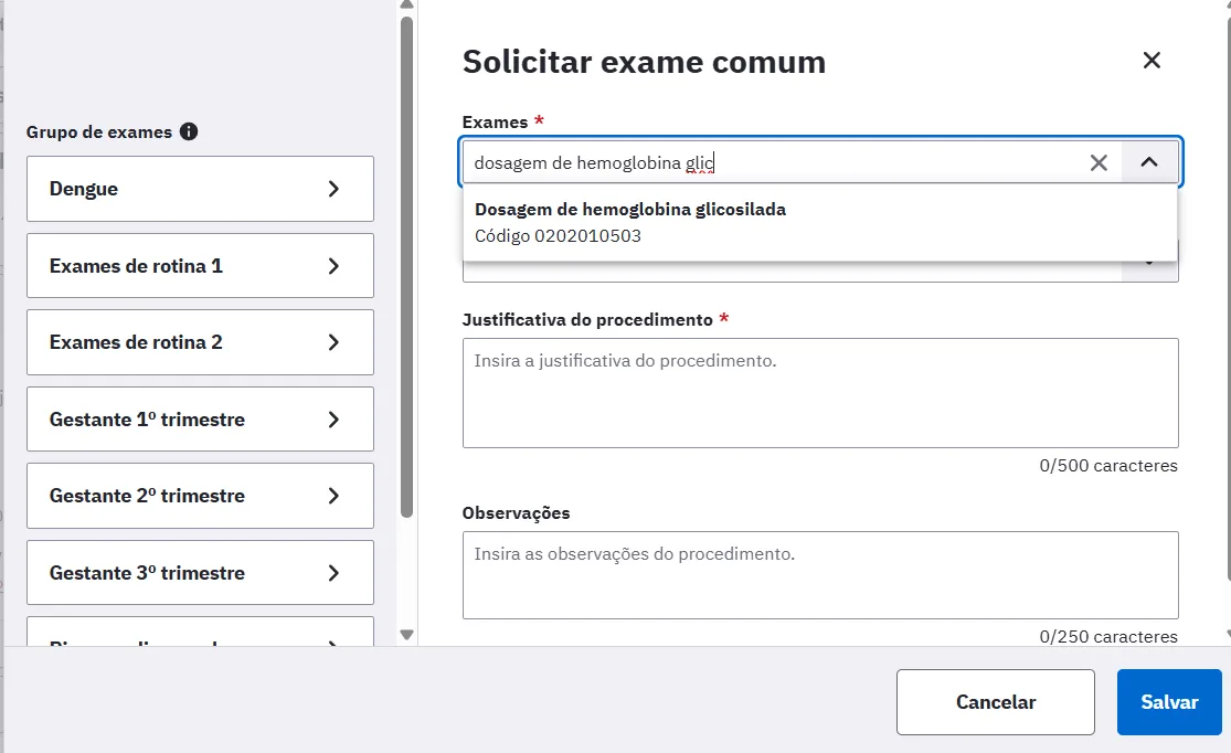 Janela “Solicitar exame comum” com “Dosagem de hemoglobina glicosilada”, código 0202010503.