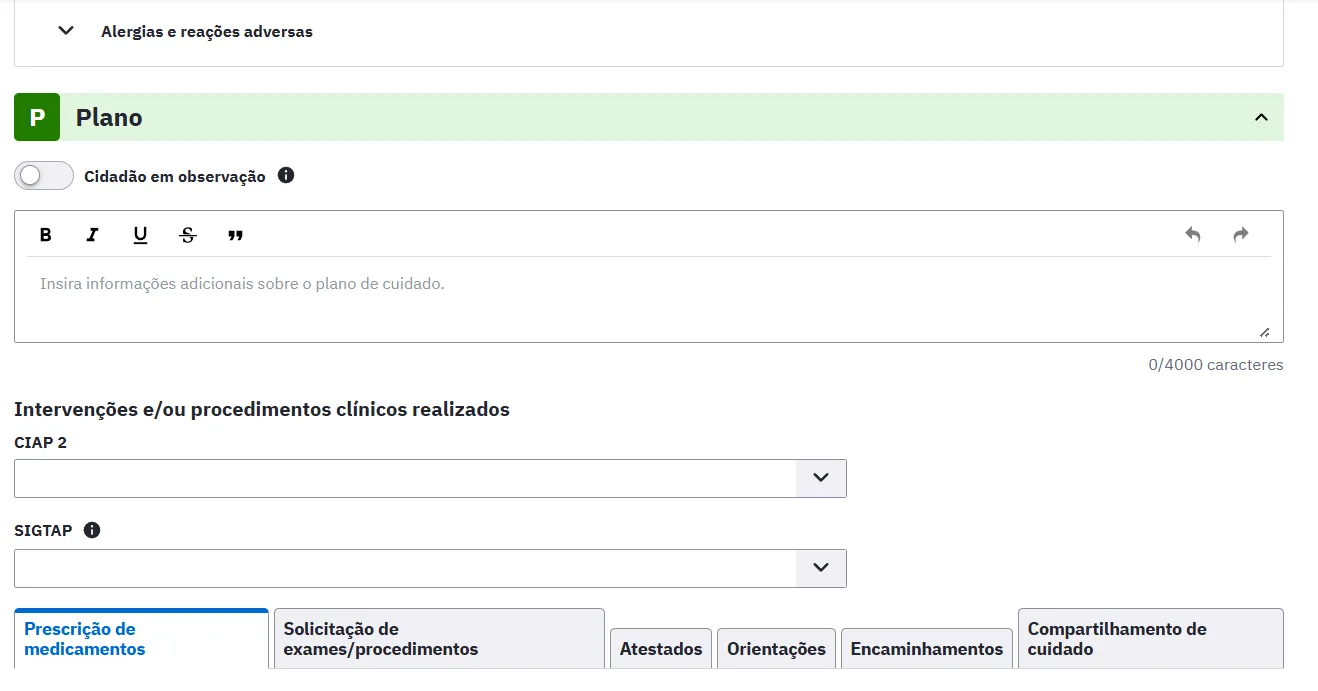 Bloco Plano com campos CIAP-2 e SIGTAP e abas de prescrição e solicitação.