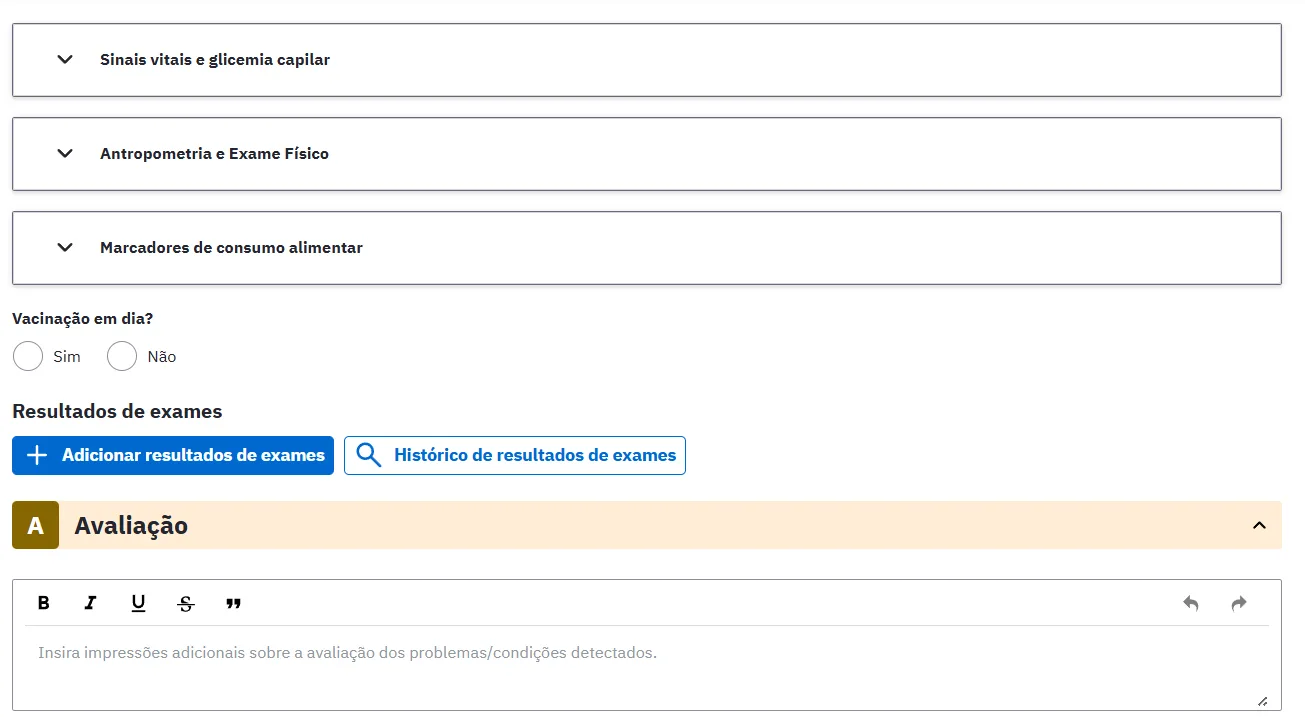 Seções de sinais vitais e antropometria no bloco Objetivo.