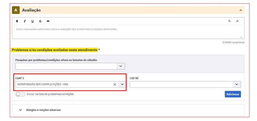 Bloco Avaliação com CIAP-2 “Hipertensão sem complicações - K86” selecionado.